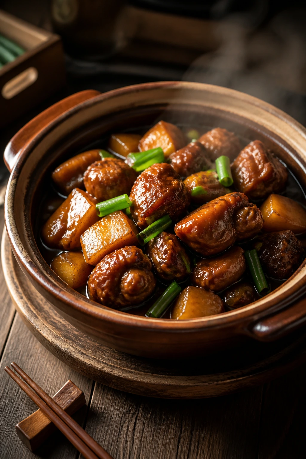 Glossy braised dish in a deep clay bowl with steam