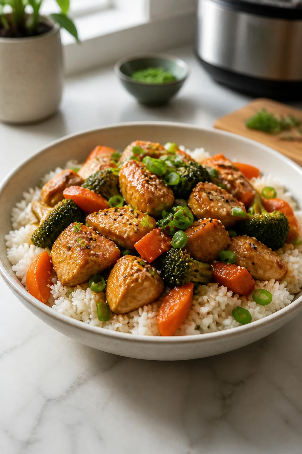 Wide shallow bowl of rice with toppings on a kitchen counter
