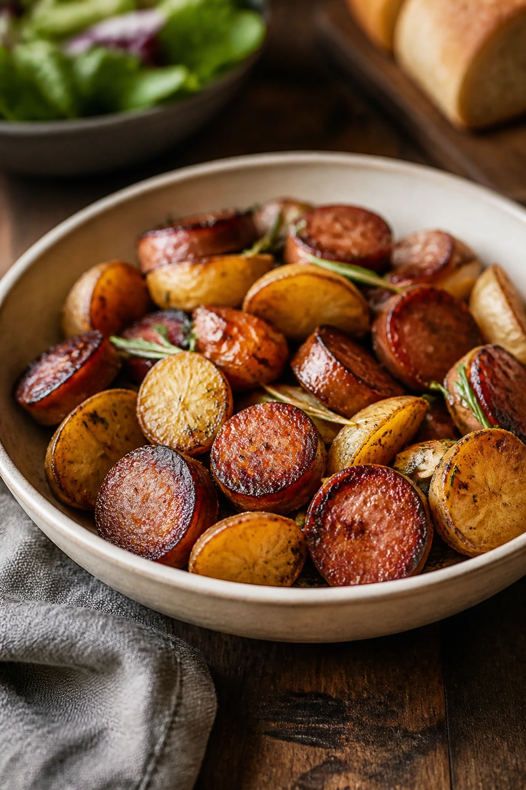 Shallow bowl of roasted potatoes and sausage on a rustic table