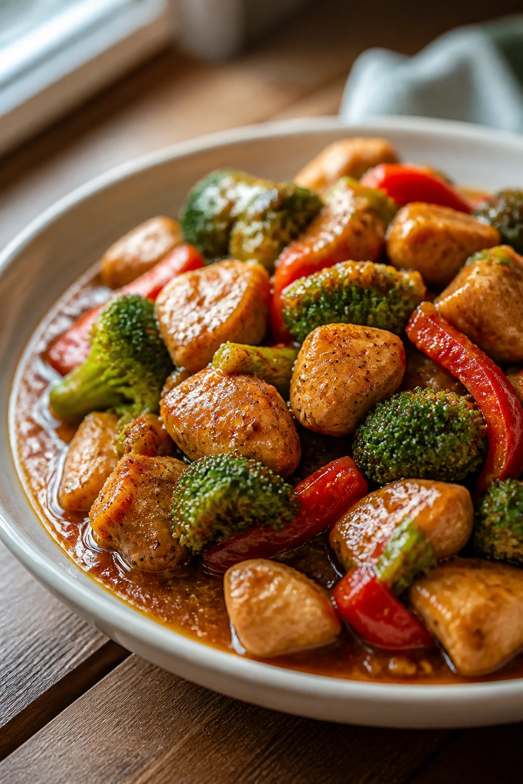 Saucy dinner served in a shallow bowl with sauce pooling in the center