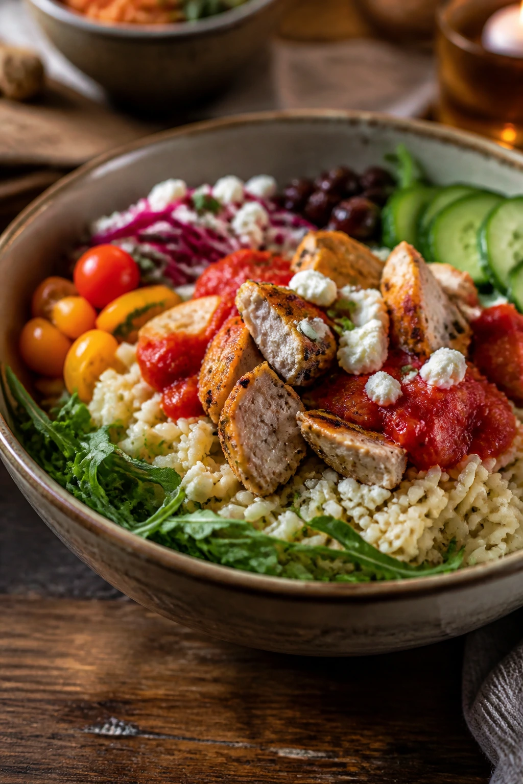 Generous serving of Mediterranean bowl on rustic table