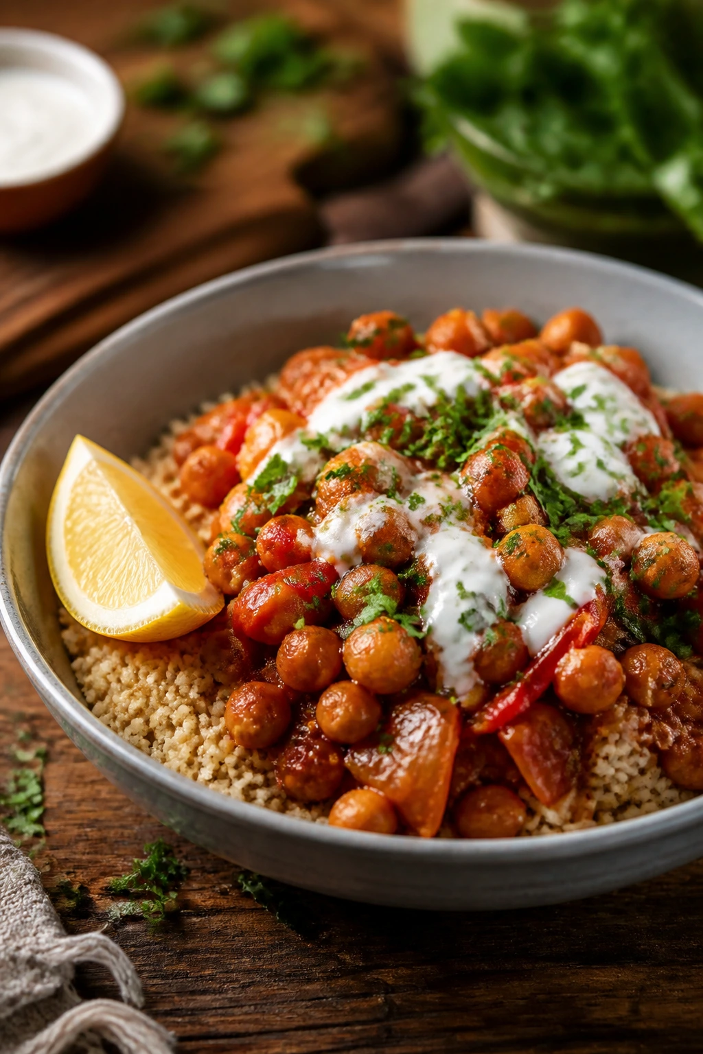 Close-up of a saucy grain bowl with lemon and yogurt garnish in a warm kitchen