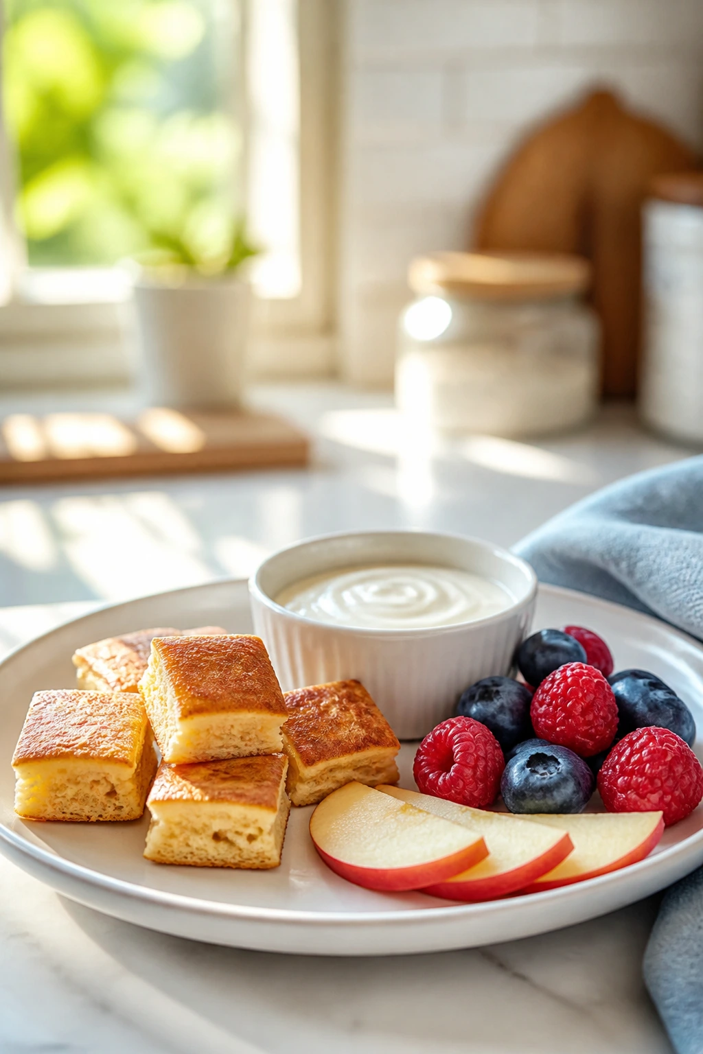 Close-up of a kid-friendly breakfast plate with a square pancake bite, apple slice, berries, and yogurt dip