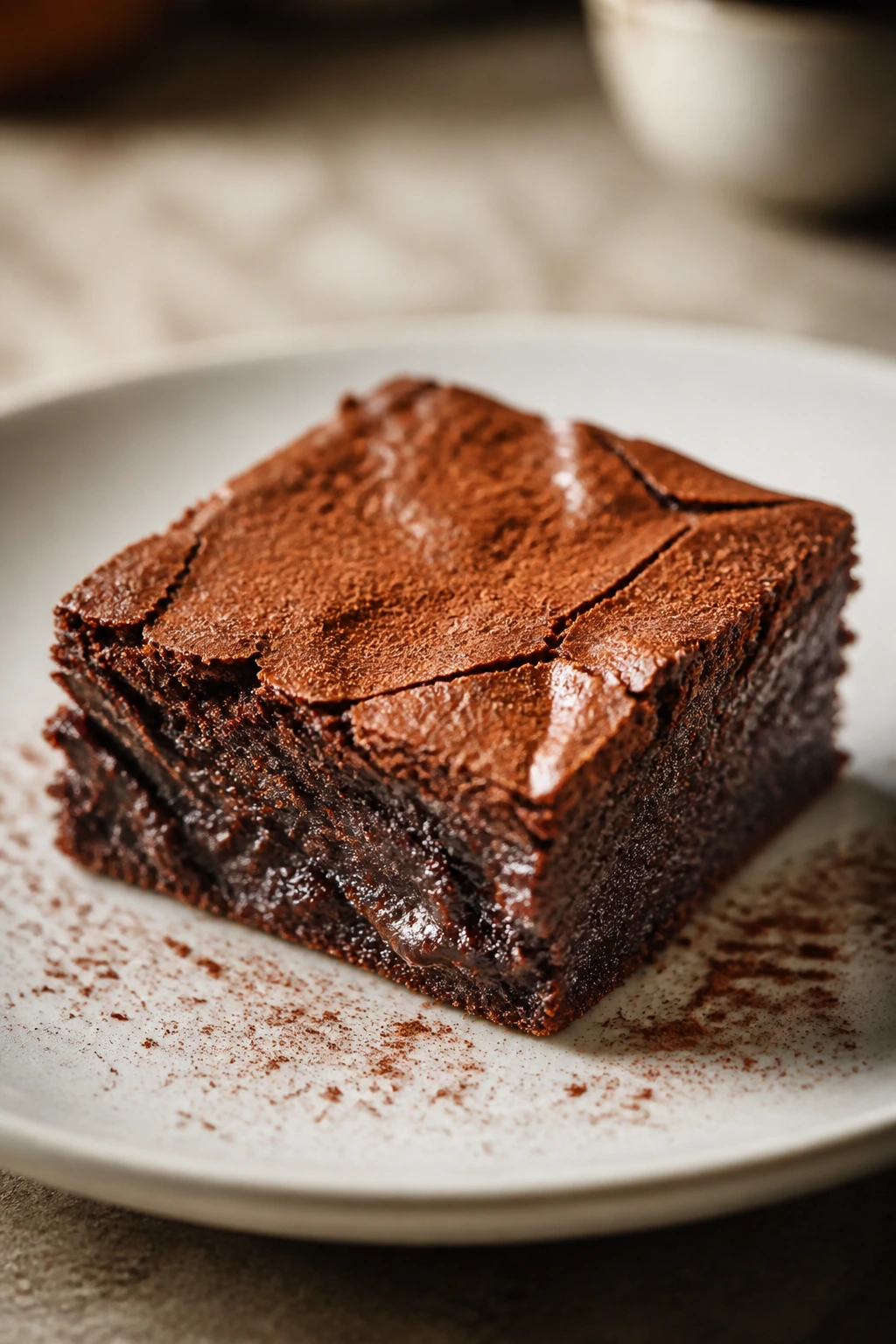 Brownie square on a plain plate with cocoa dusting