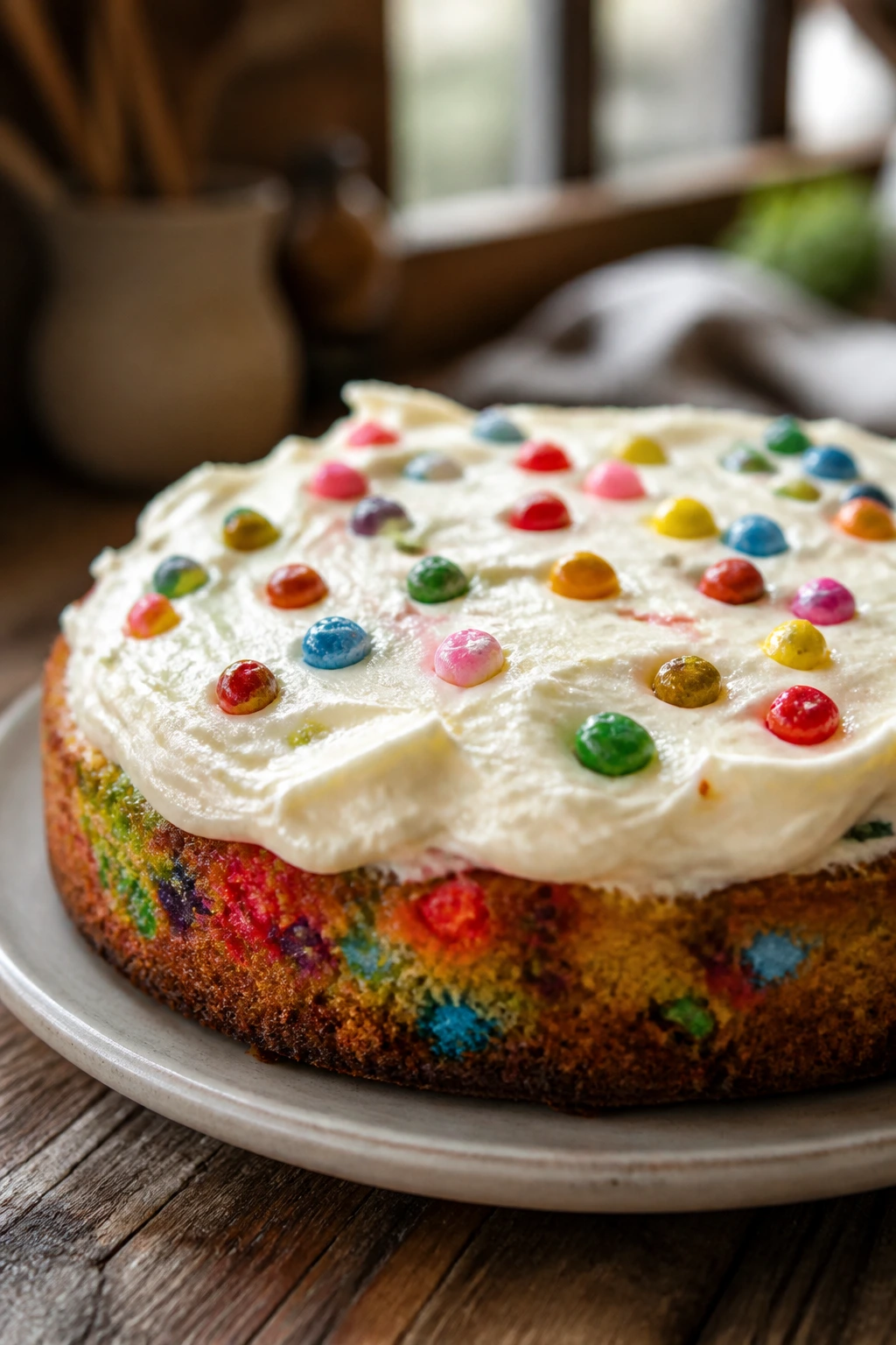 Frosted rainbow candy cake ready to serve with candy on top