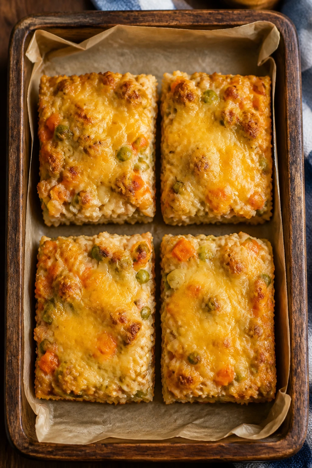 Tray of neatly cut casserole squares ready to serve for family dinners