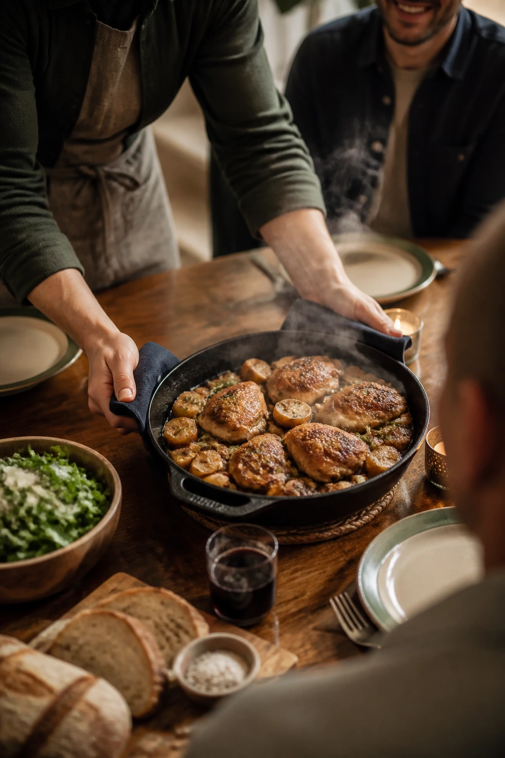 Server presenting a sizzling cast iron skillet at the table
