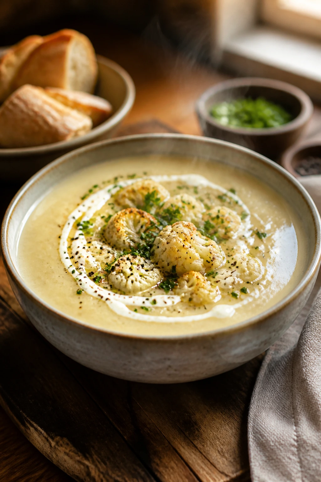 Steaming cauliflower soup with cream and herbs in a bowl