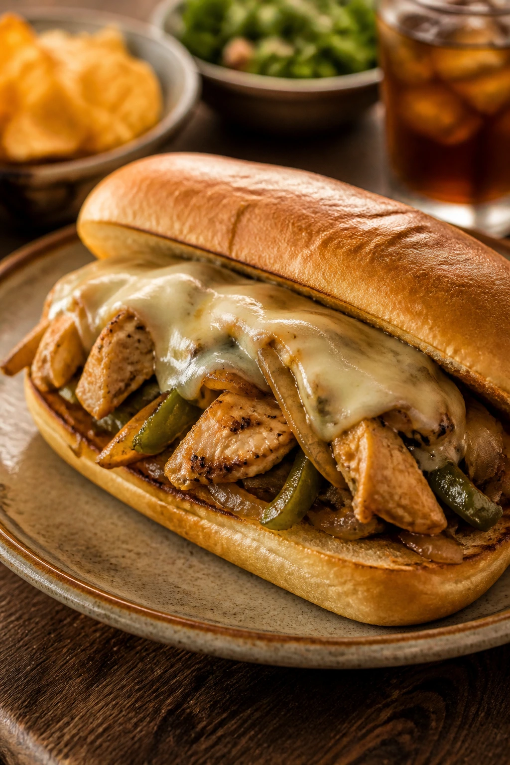 Close-up of a plated chicken Philly sandwich with melted cheese