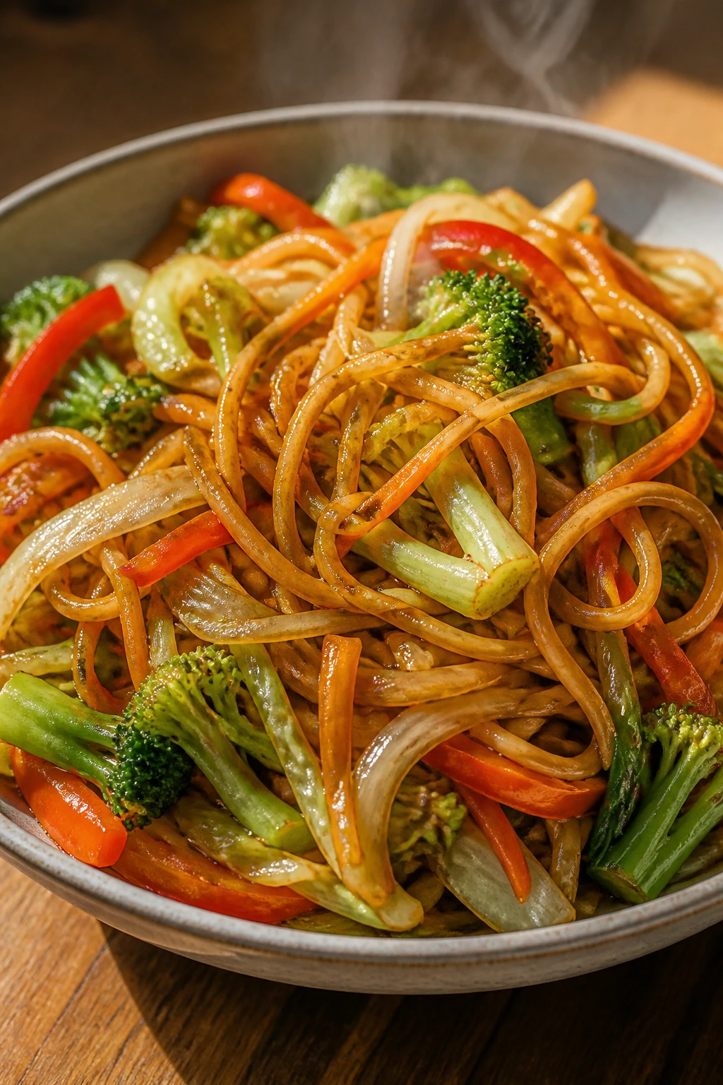 Shallow bowl of glossy chow mein showing texture and crisp vegetables