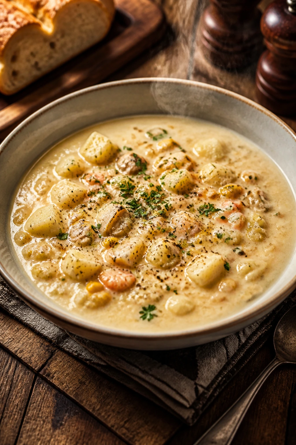 Steaming bowl of chowder ready to serve with garnish