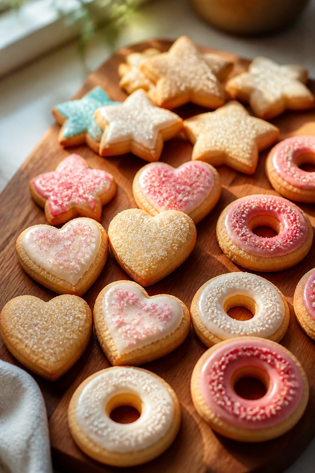Assorted cookies arranged on a wooden board for serving.
