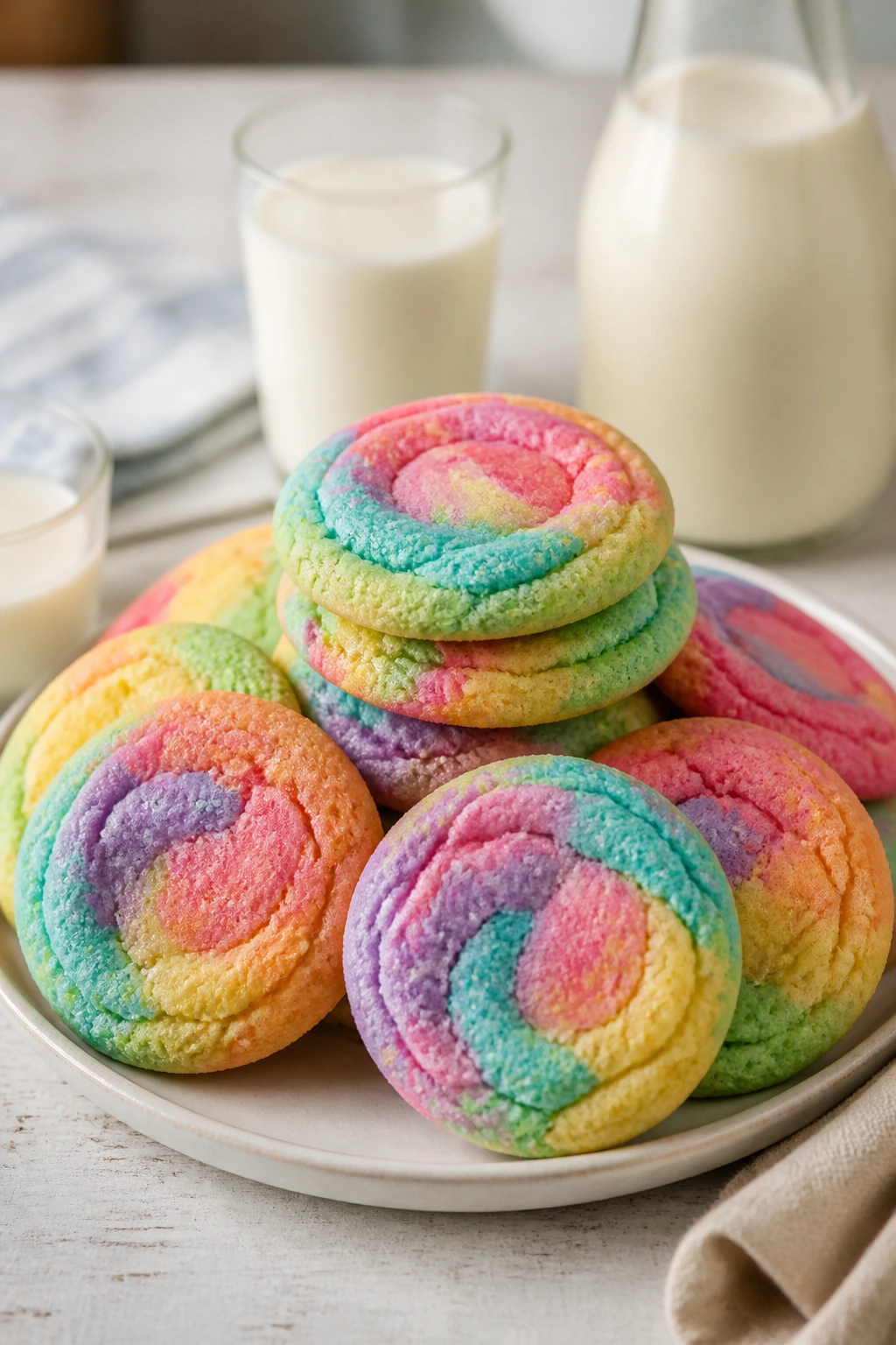 Plate of rainbow cookies casually stacked on a wooden table