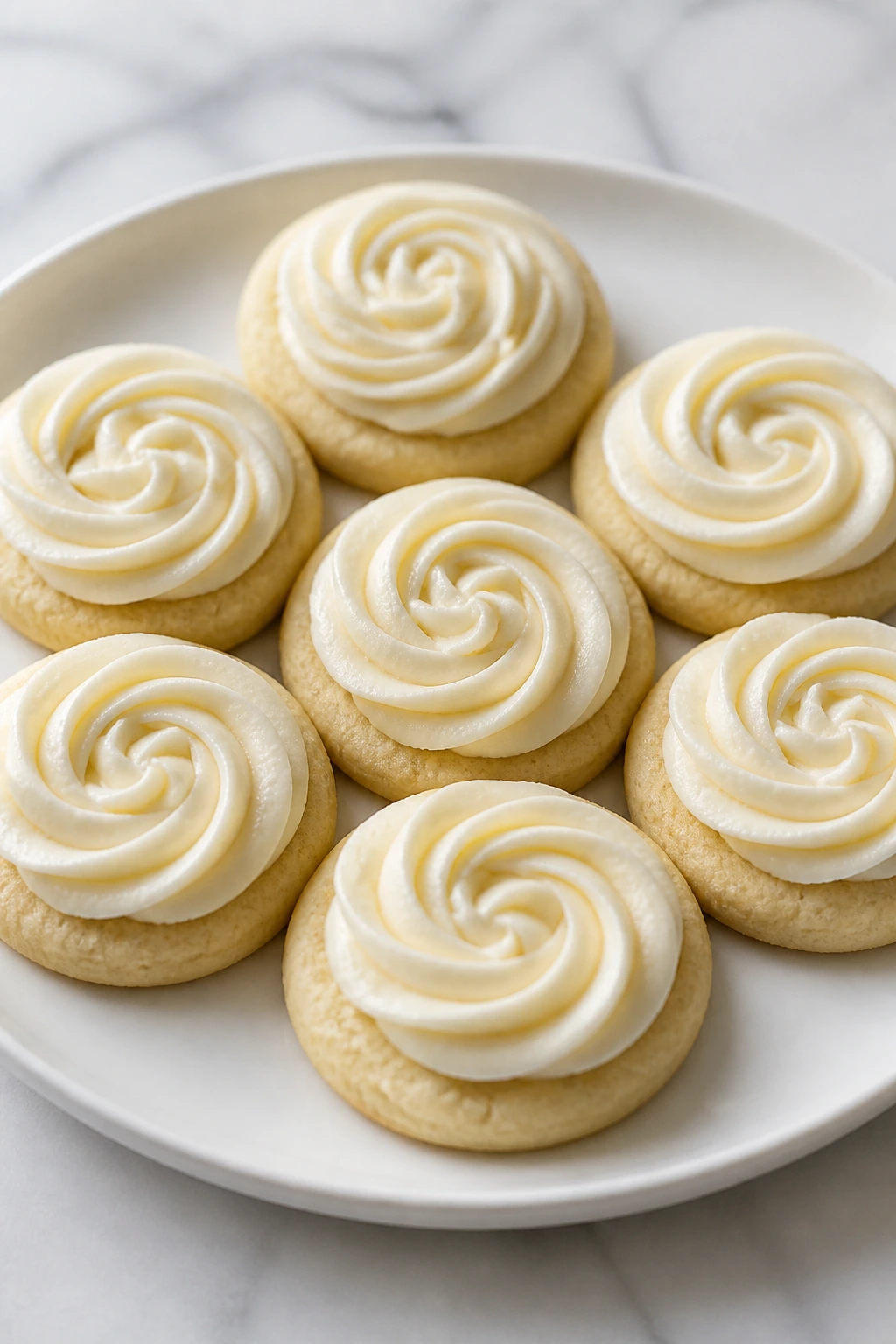 Plate of neatly piped cookies arranged in a single layer on a white plate.