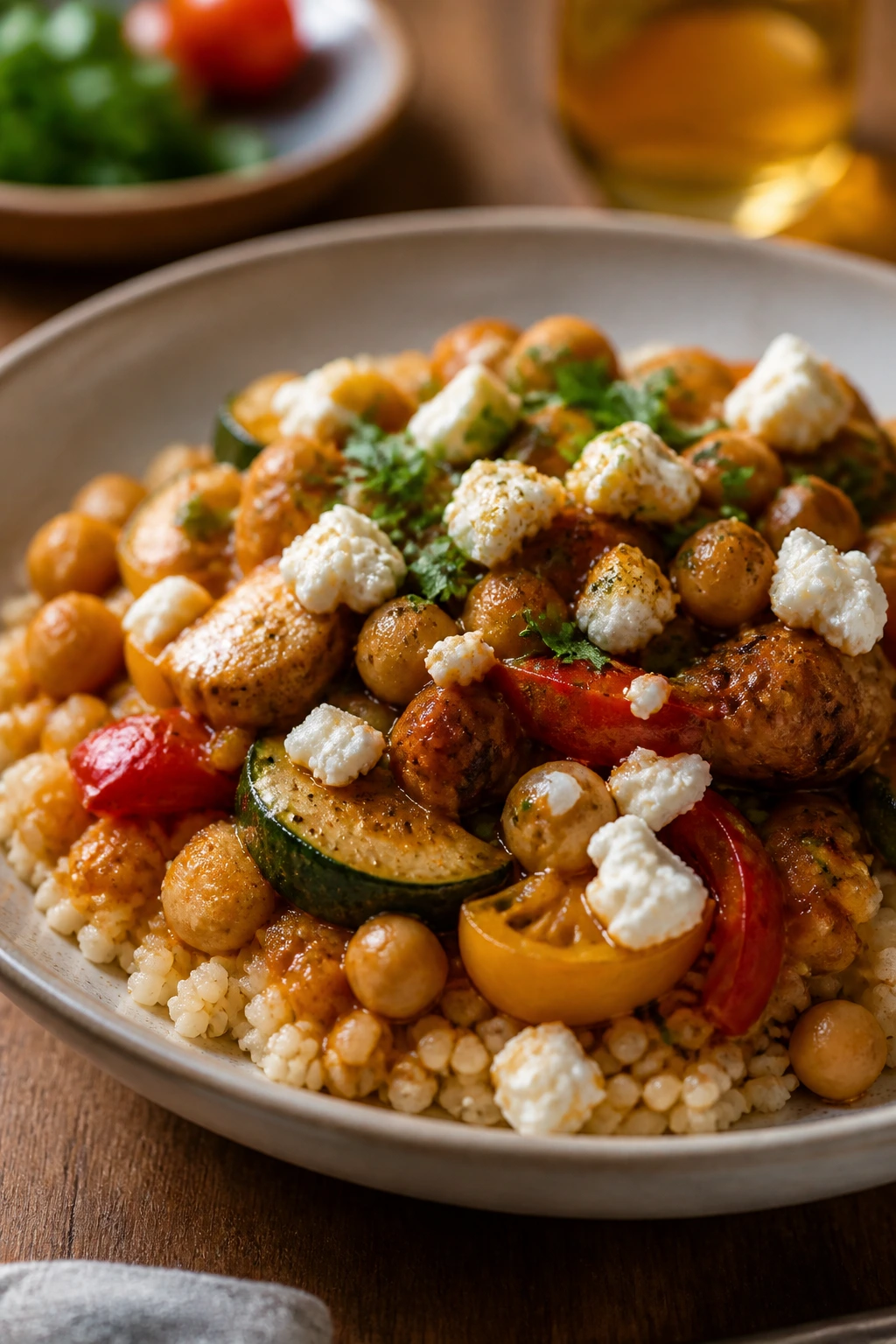 Saucy couscous bowl with toppings on a plate, ready to serve