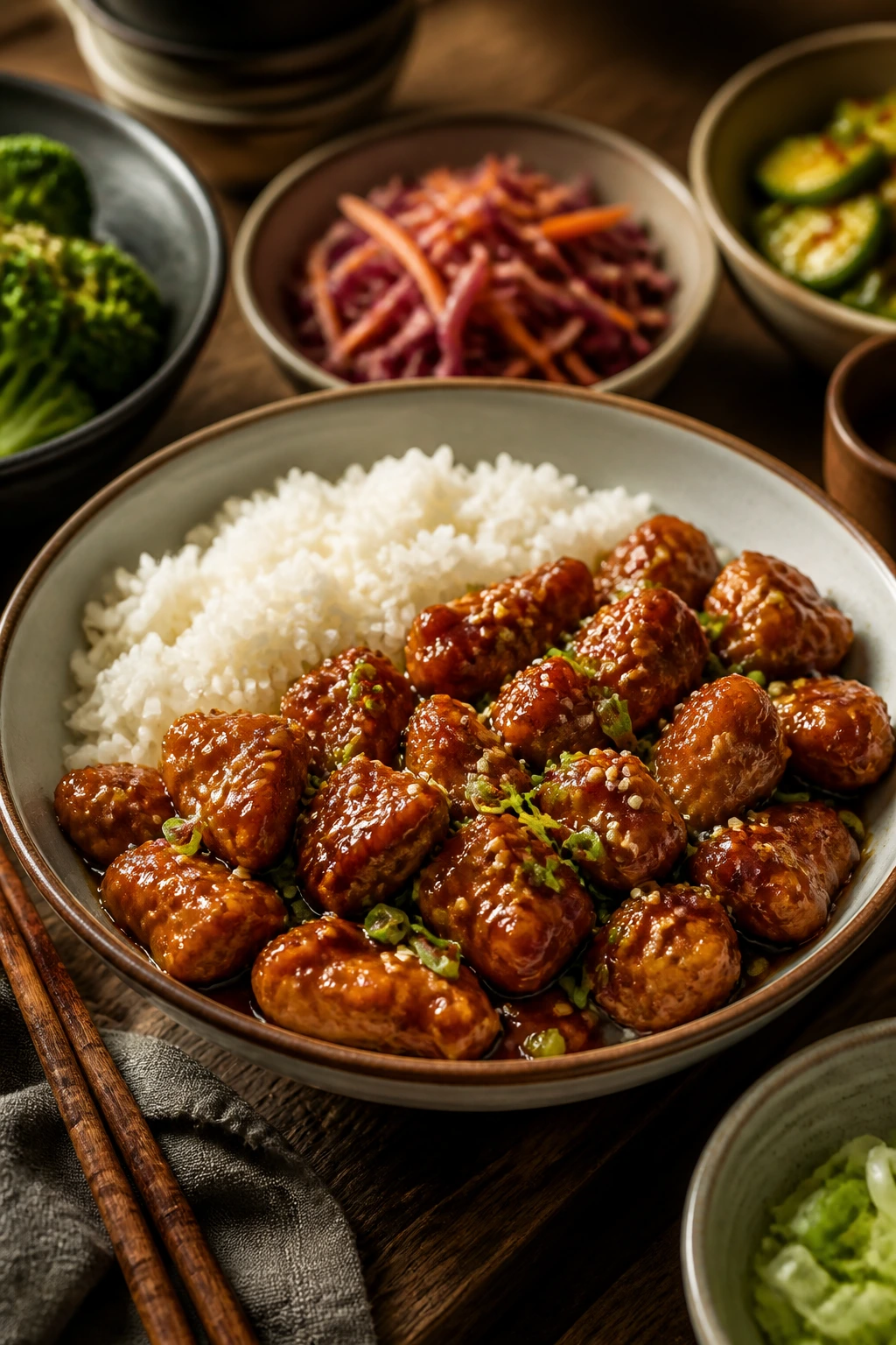Plated saucy braised dish with rice ready to serve