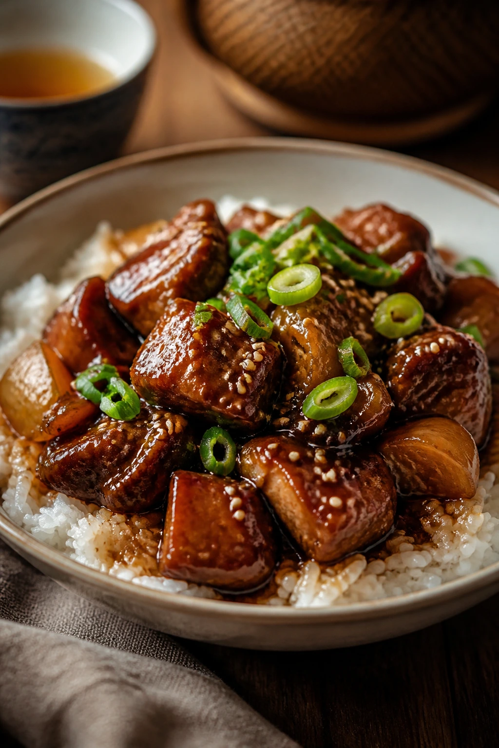 Braised pork belly with rice in deep bowl, garnished with scallions