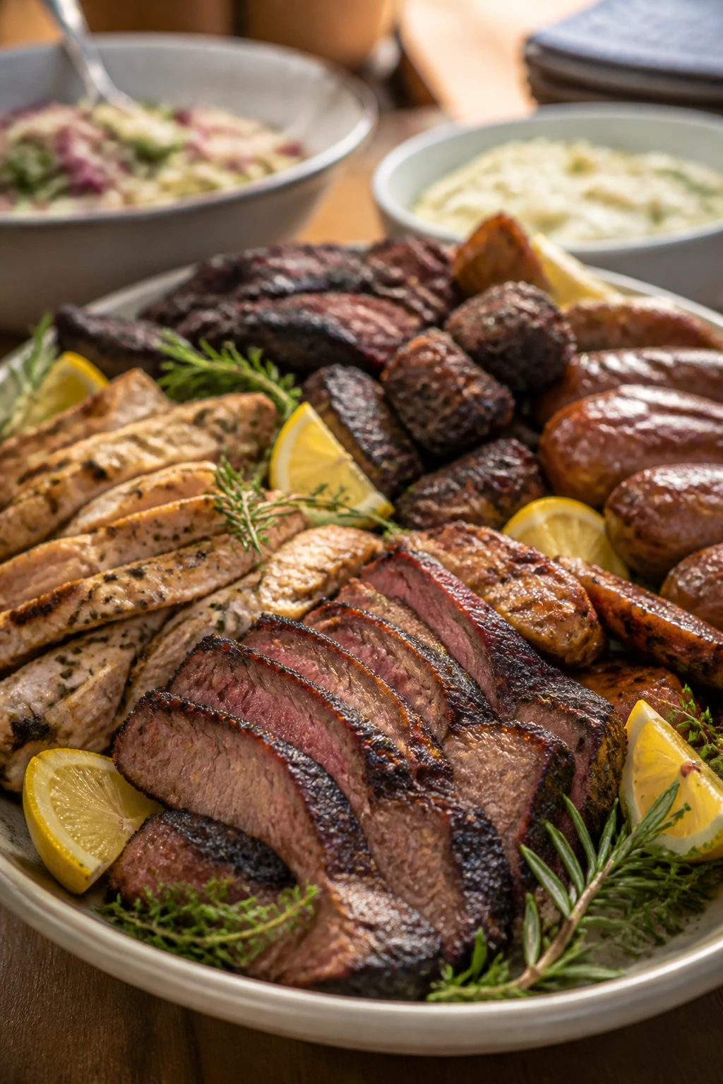 Large platter of sliced grilled meat with lemon wedges and herbs