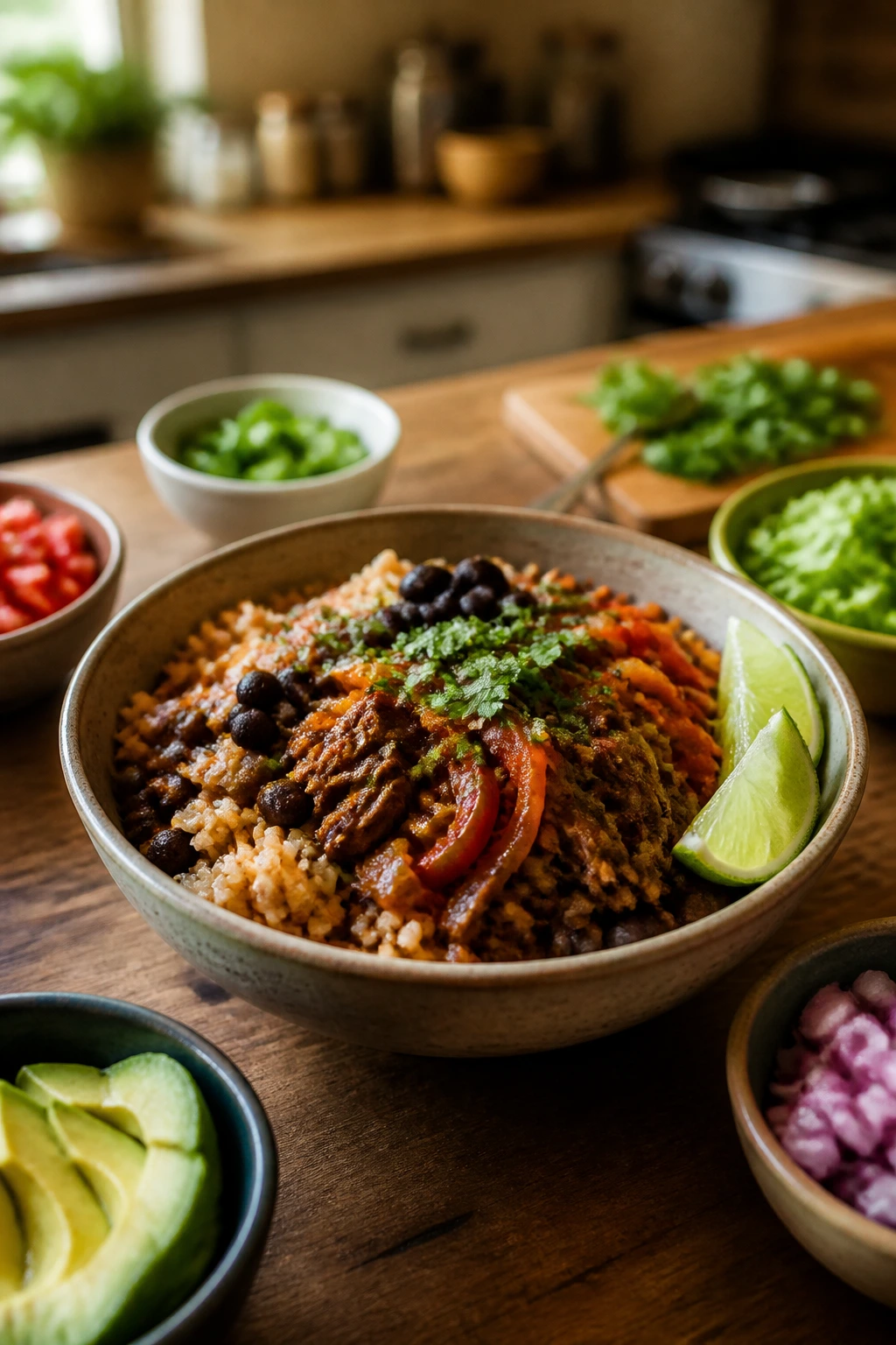 Close-up of a main dinner bowl with toppings on a wooden counter in a warm kitchen