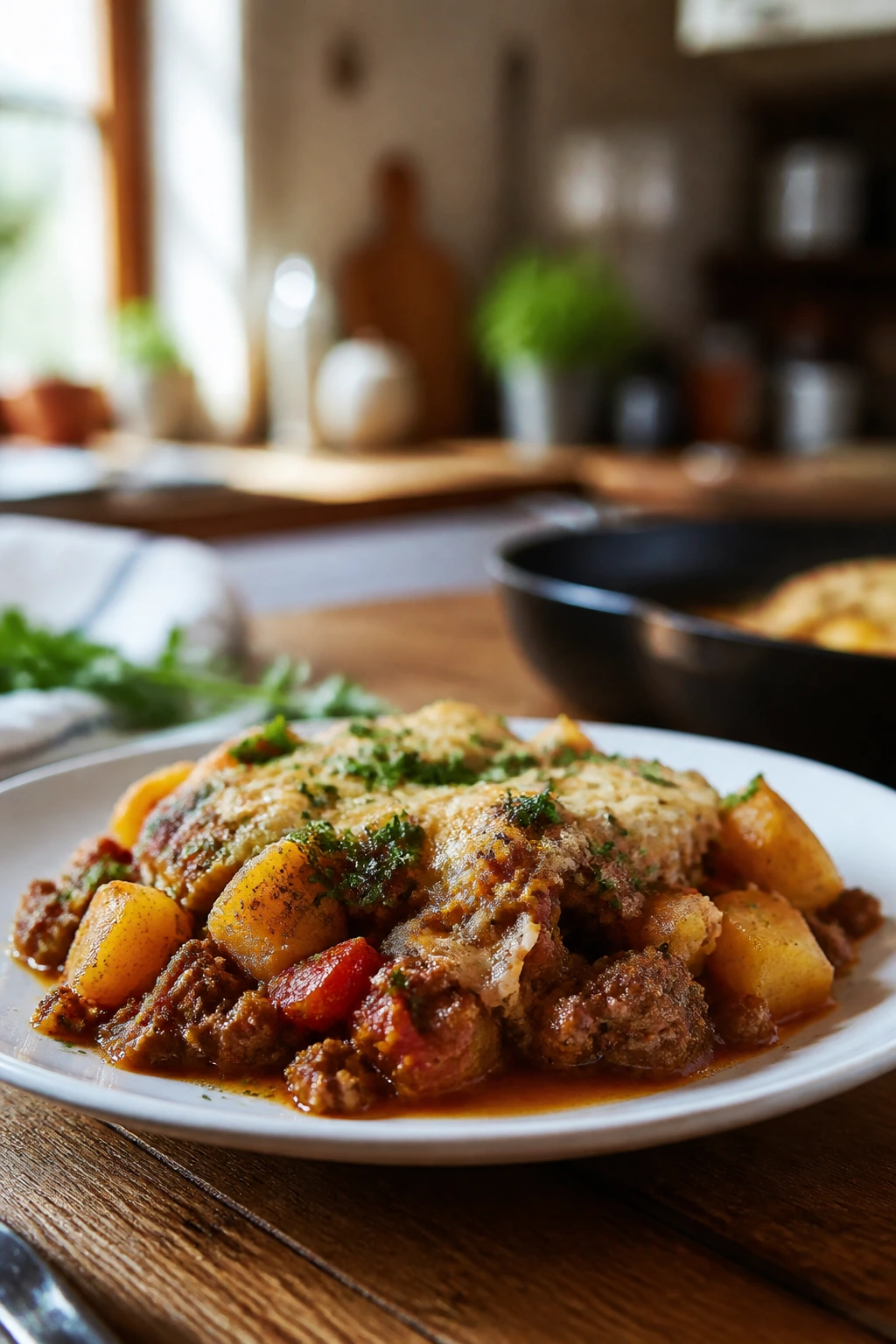 Plate of skillet dinner ready to serve with herbs