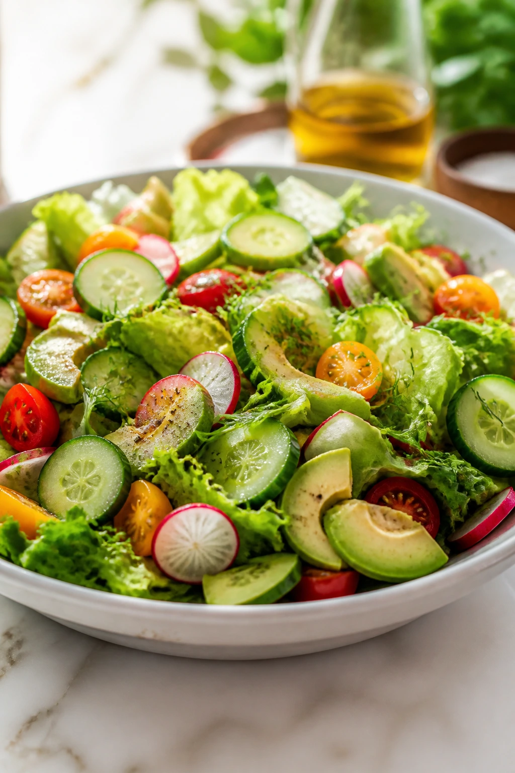 Wide shallow serving bowl with loosely piled salad on a bright kitchen table