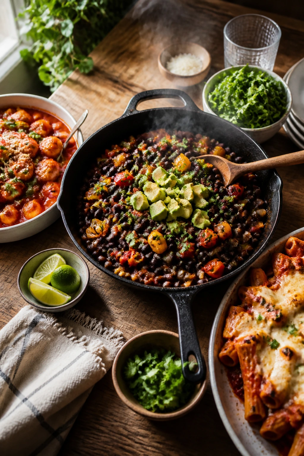 Top-down view of saucy bowl, baked pasta, and skillet on rustic table