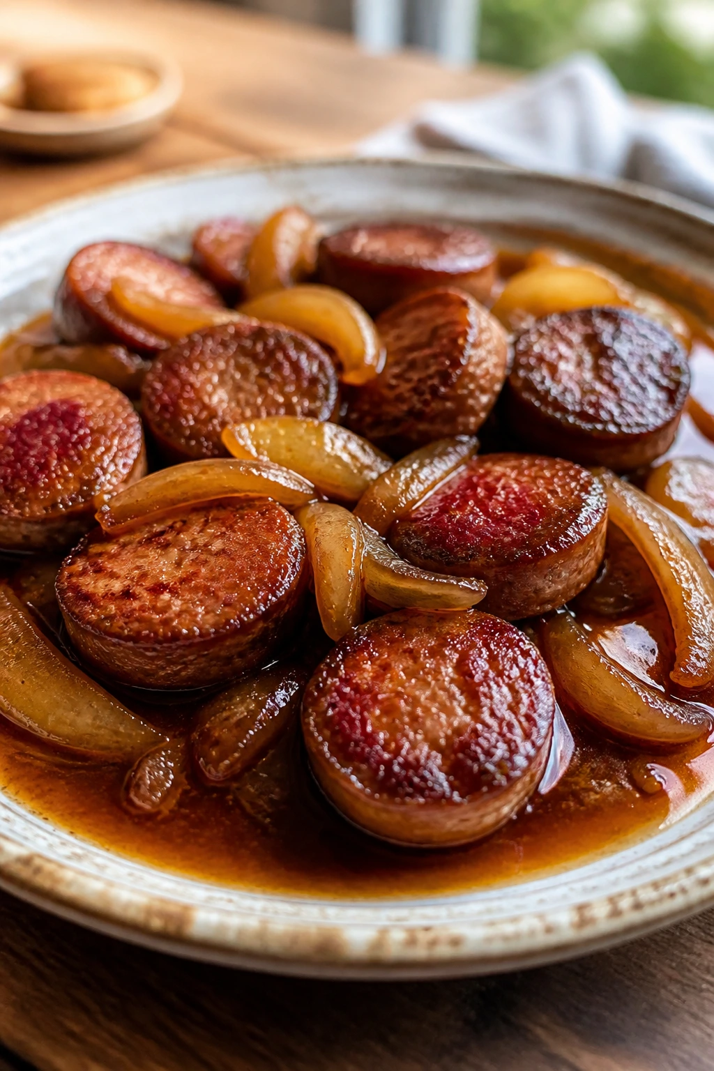 Serving platter with glazed sausage and onions with sauce pooling around