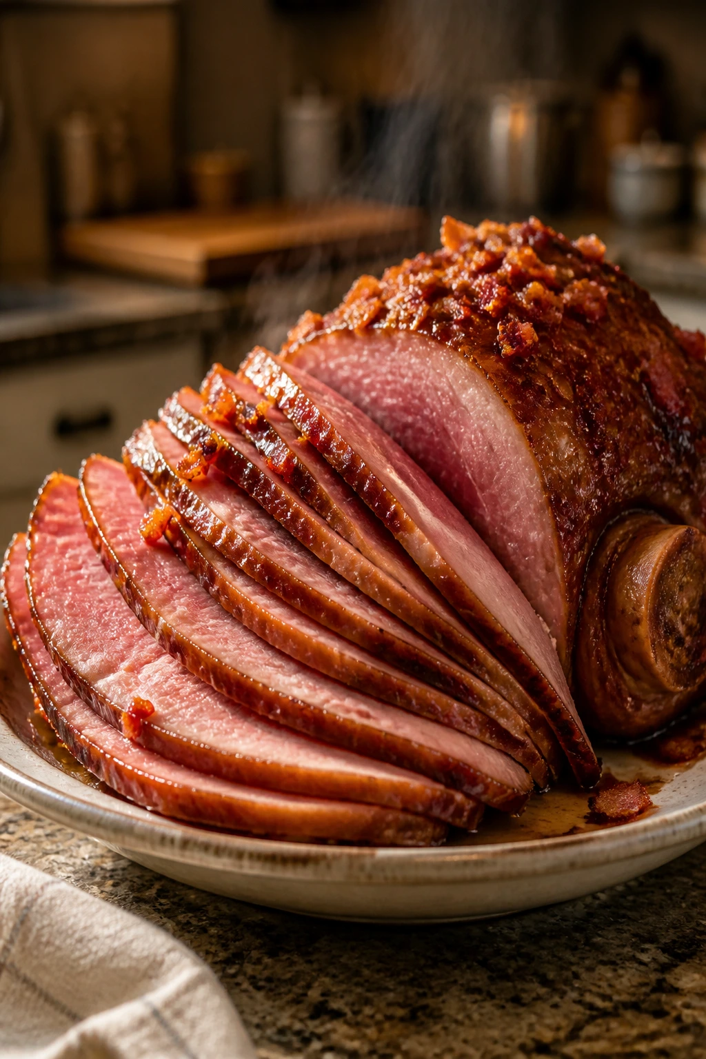 Sliced glazed ham on a warm serving platter with lacquer glaze