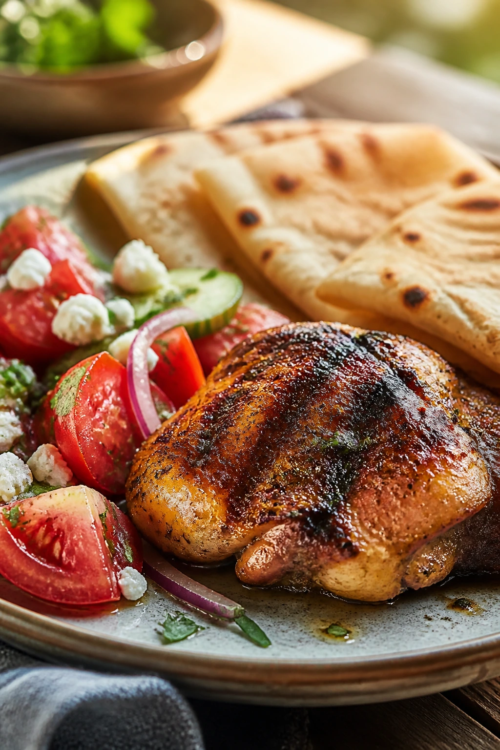 Plated grilled chicken thigh with tomato salad and pita on rustic plate
