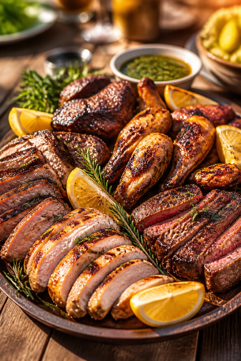 Grilled meats on a large platter with lemon and herbs on a wooden table