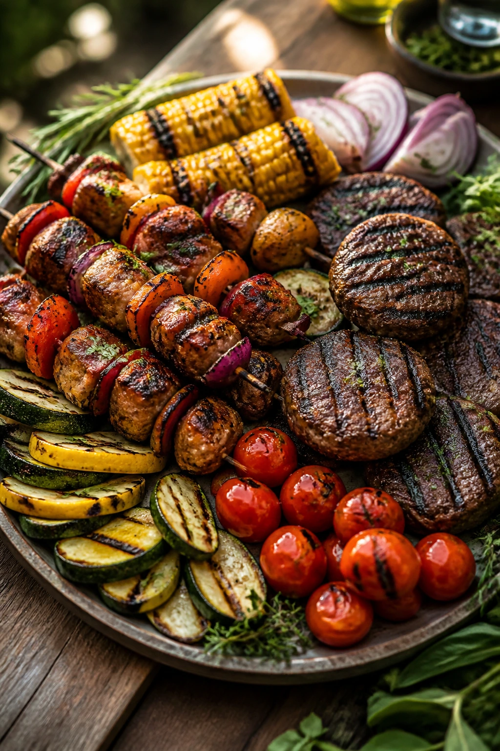 Large platter of grilled skewers burgers and vegetables on a wooden table