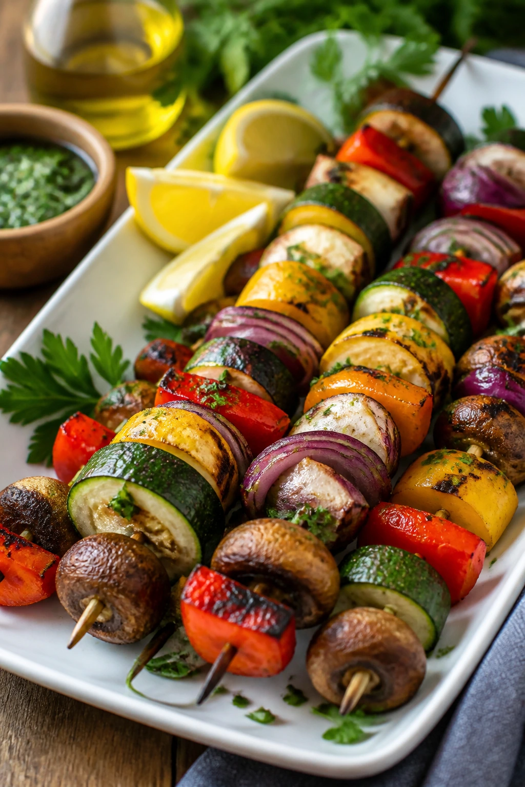 Platter of grilled vegetable skewers with lemon and herbs