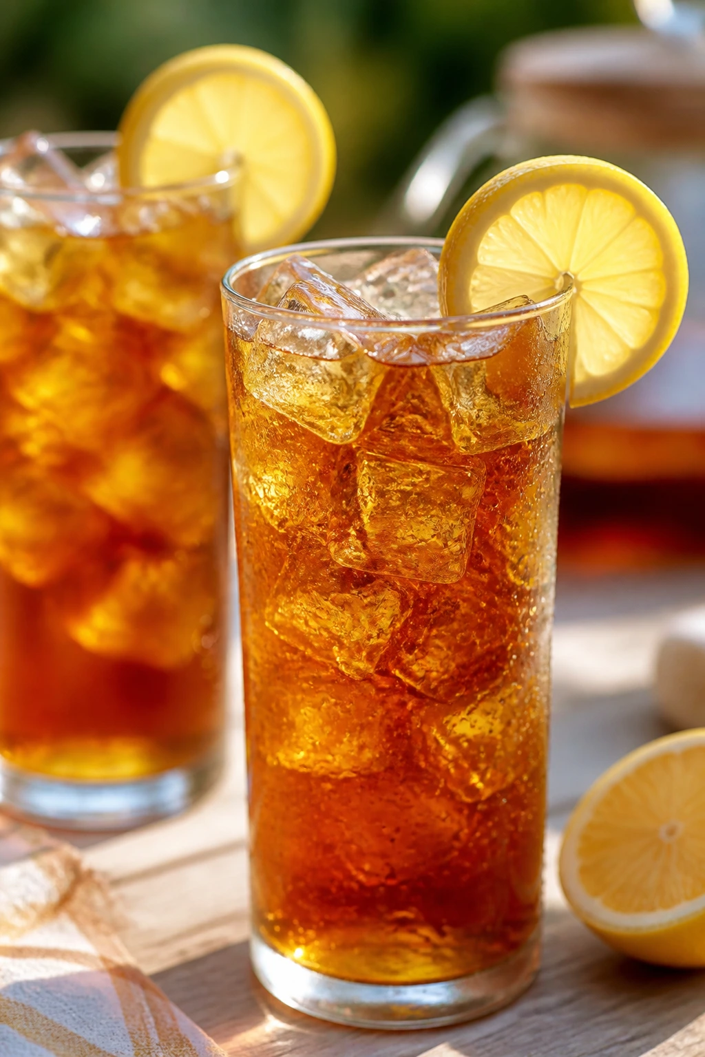 Tall glass of iced tea with ice and lemon on a sunny table