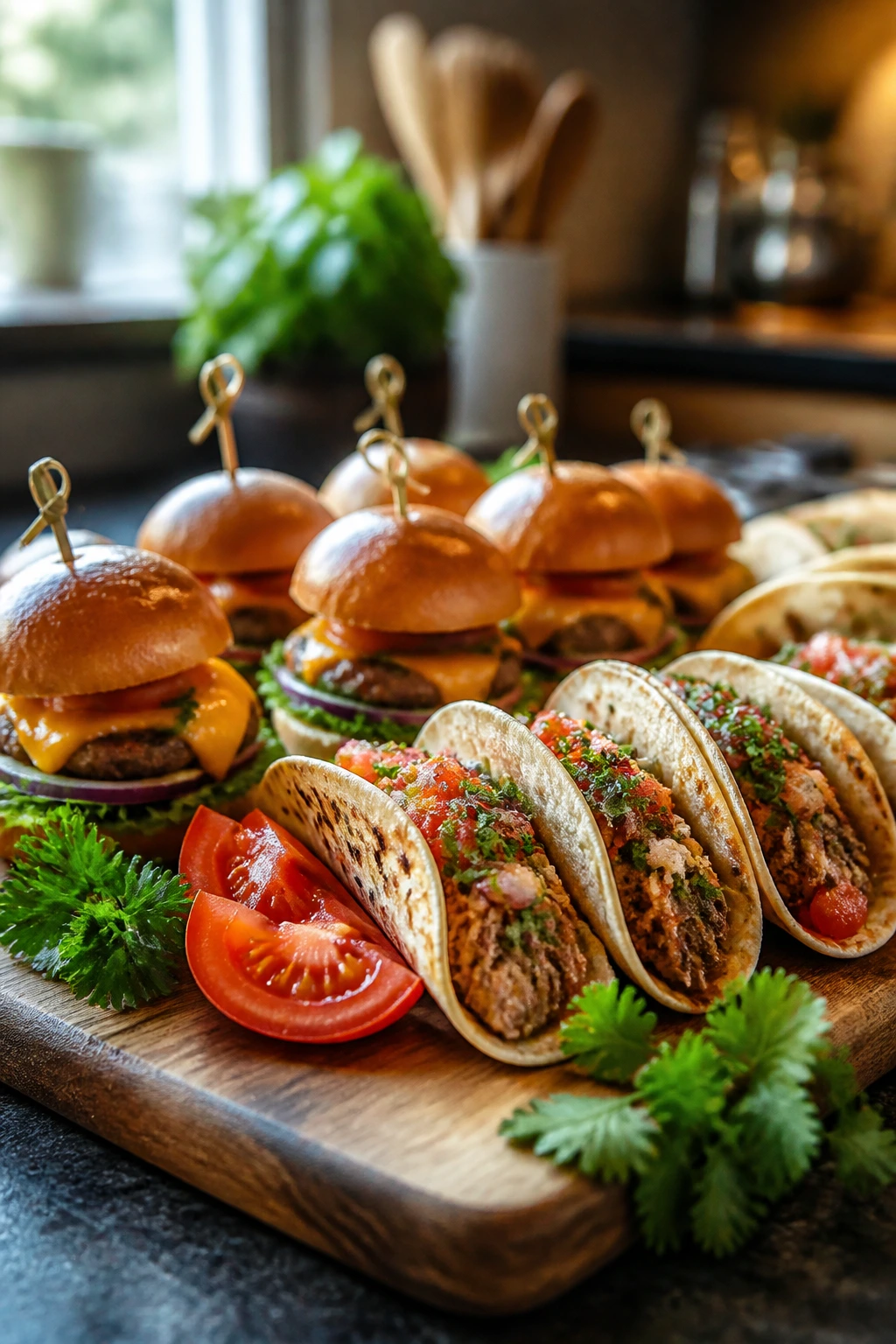 Close-up of a rustic serving board with sliders and tacos for game-night serving ideas
