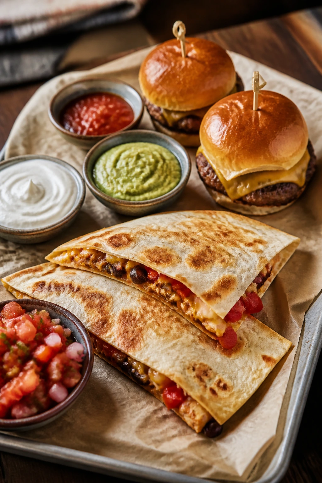Serving board with quesadilla wedges and sliders, plus dips, ready for movie night