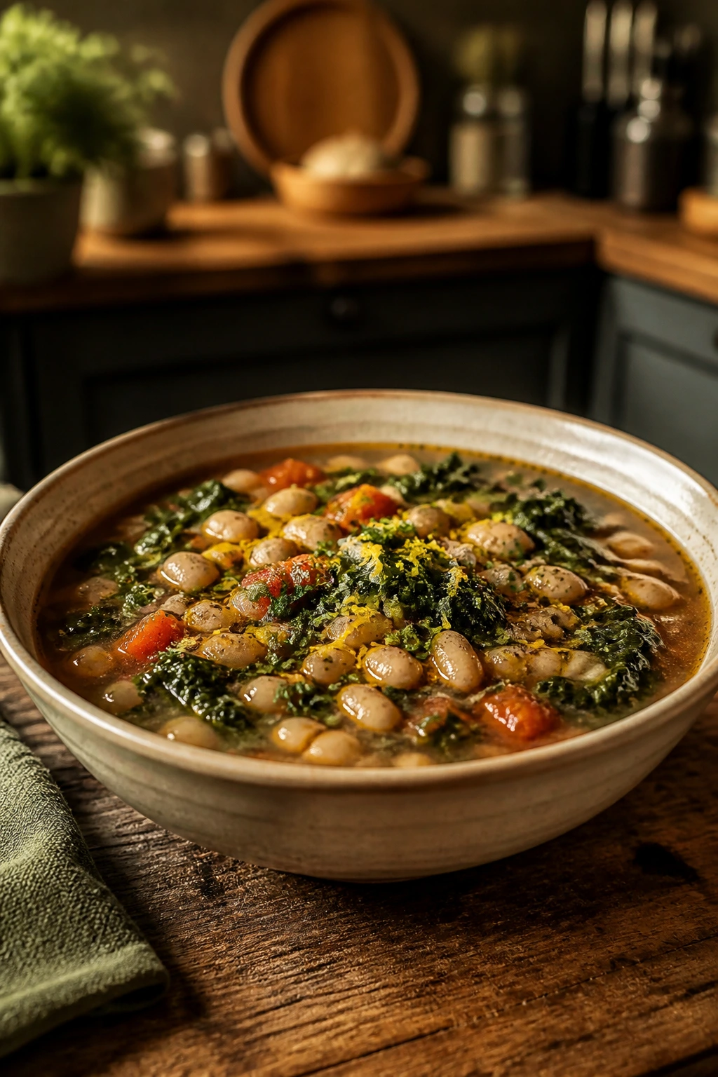 Shallow bowl of brothy pantry dish with herbs on a wooden table
