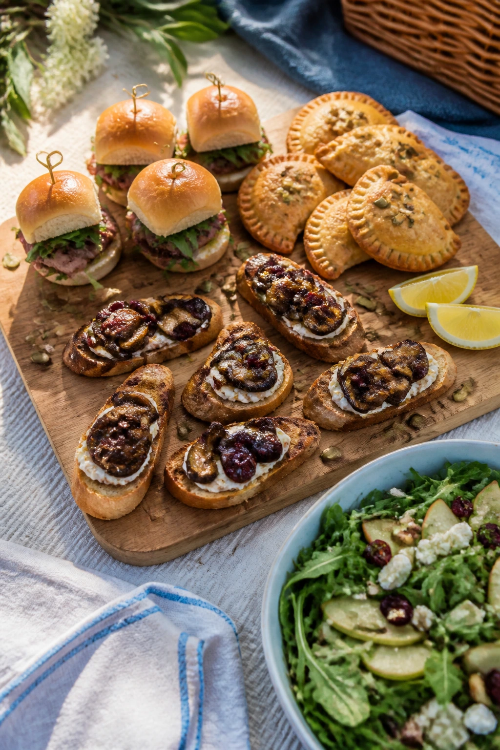 Picnic board with sliders, pies, crostini, and salad for serving ideas
