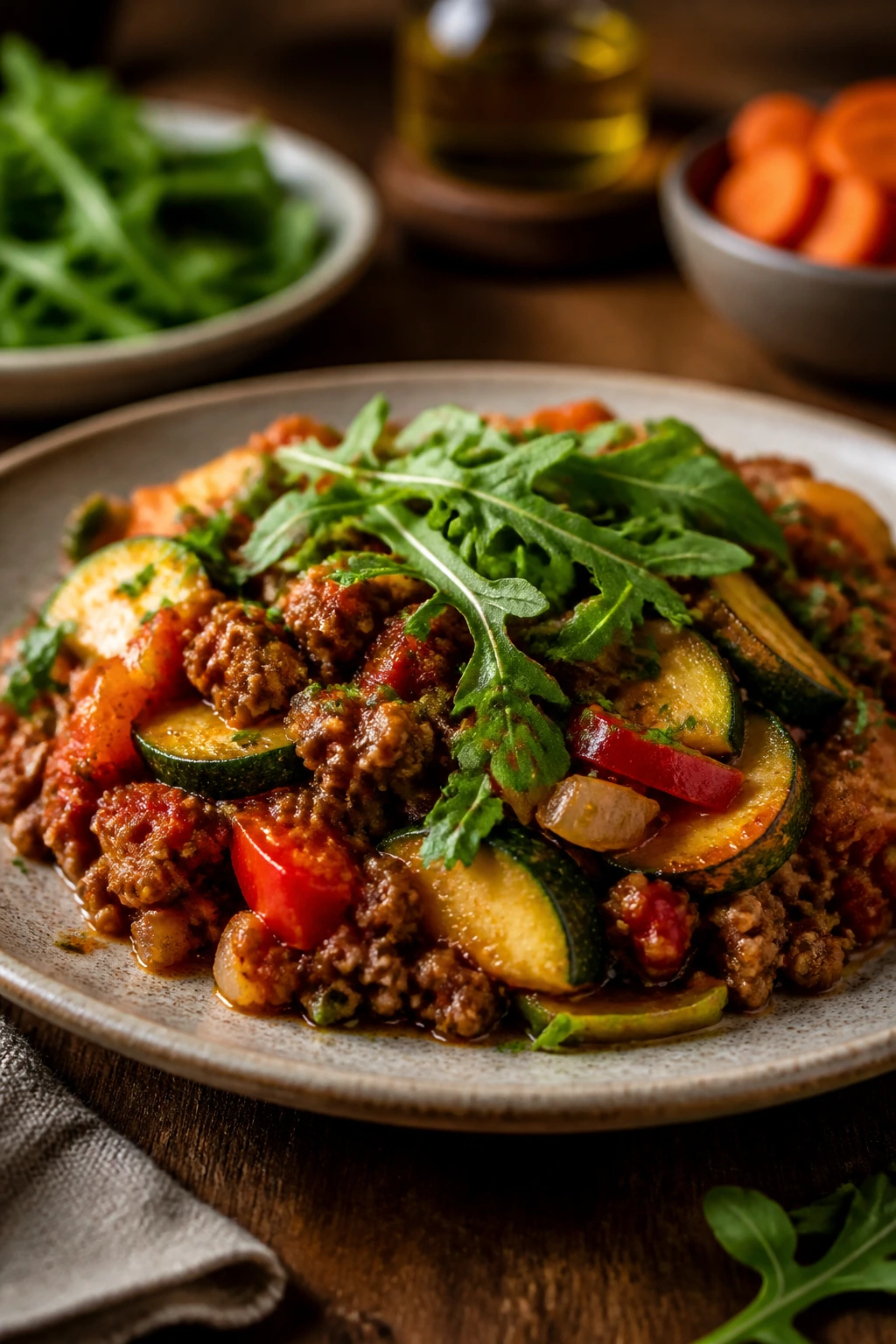Plated beef skillet dish arranged with vegetables on a rustic plate.