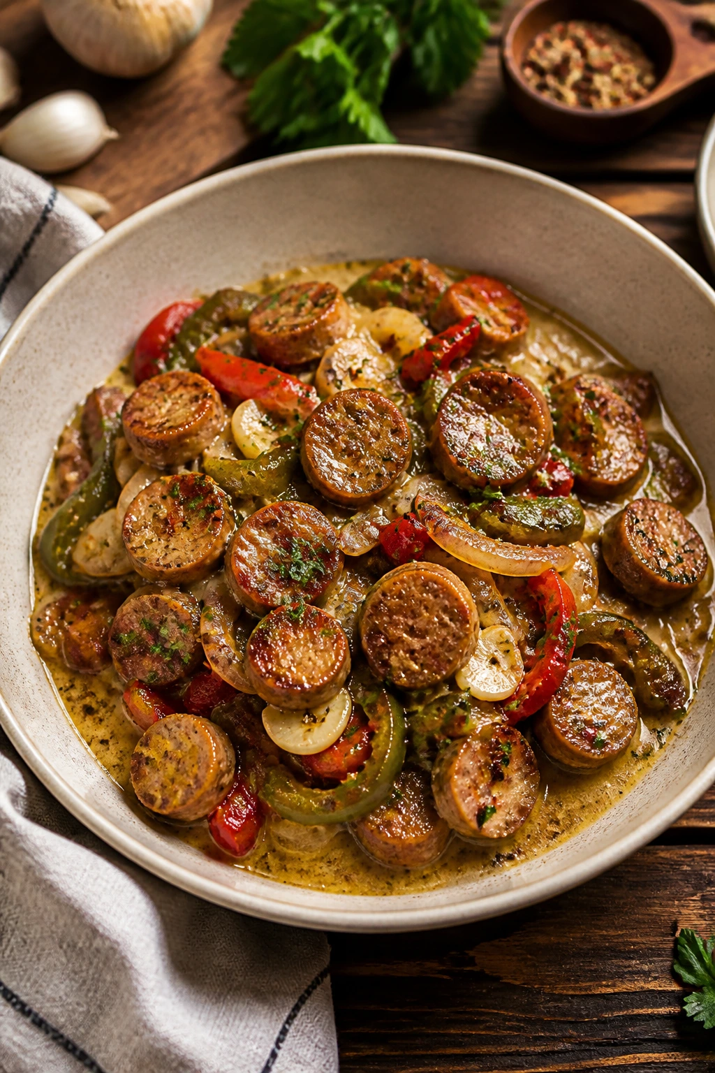 Plated sausage dish in a shallow bowl with sauce and herbs.