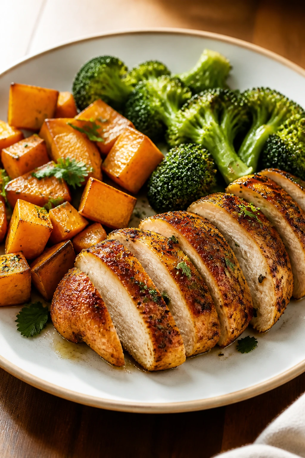 Plate of weeknight dinner with herbs on table