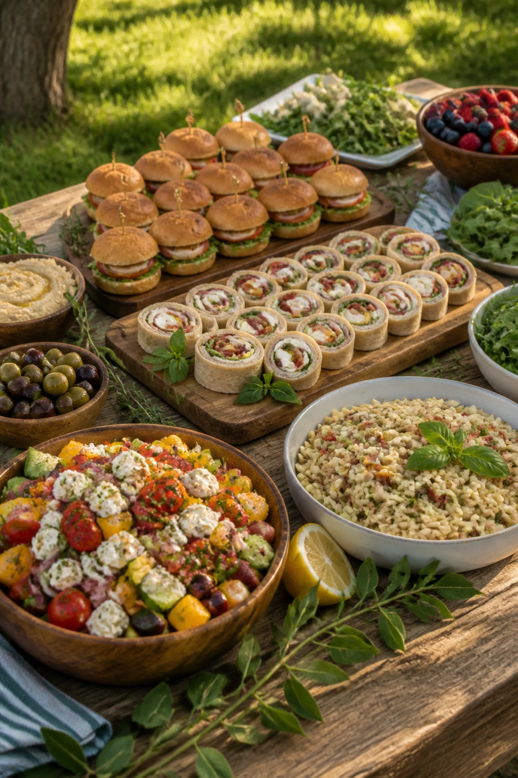 Outdoor picnic table with neatly arranged cold dishes and sliders as serves.