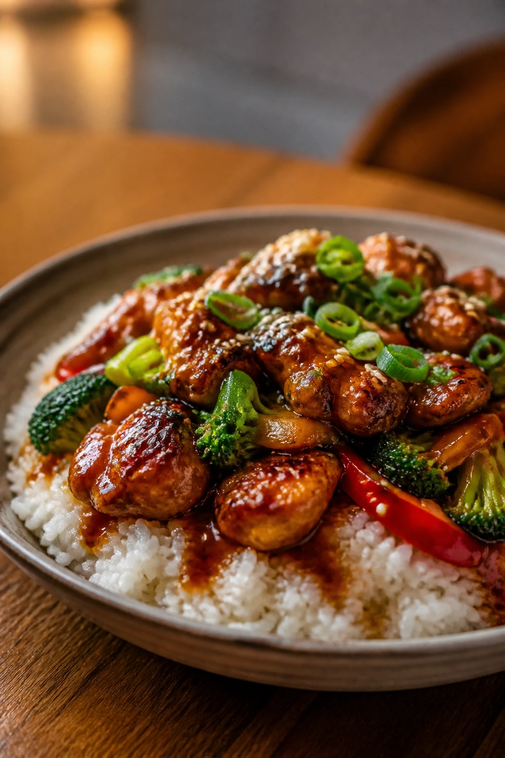 Bowl of jasmine rice with glossy chicken and vegetables, garnished with scallions
