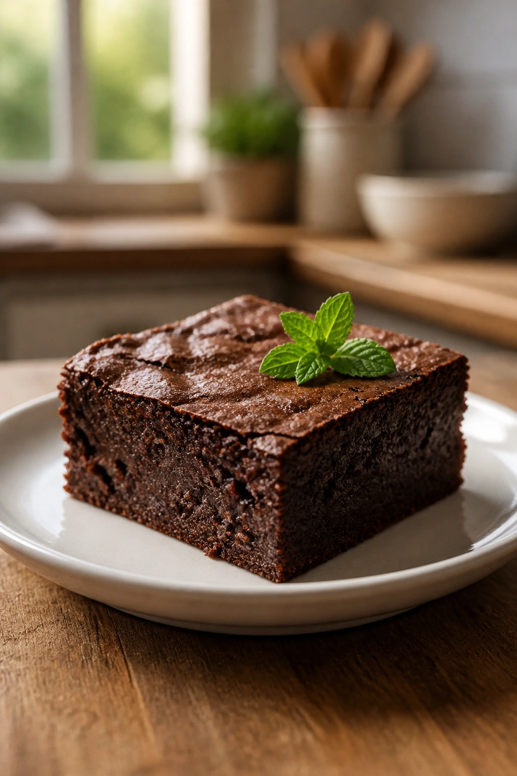 Close-up of a neatly cut keto brownie with mint garnish on a plate