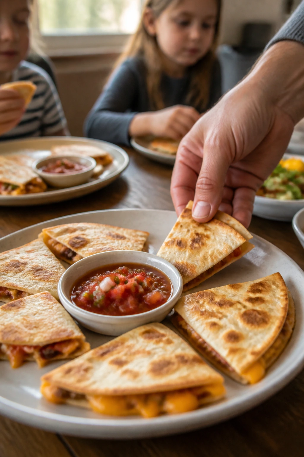 Hand placing quesadilla triangles on a plate at family table