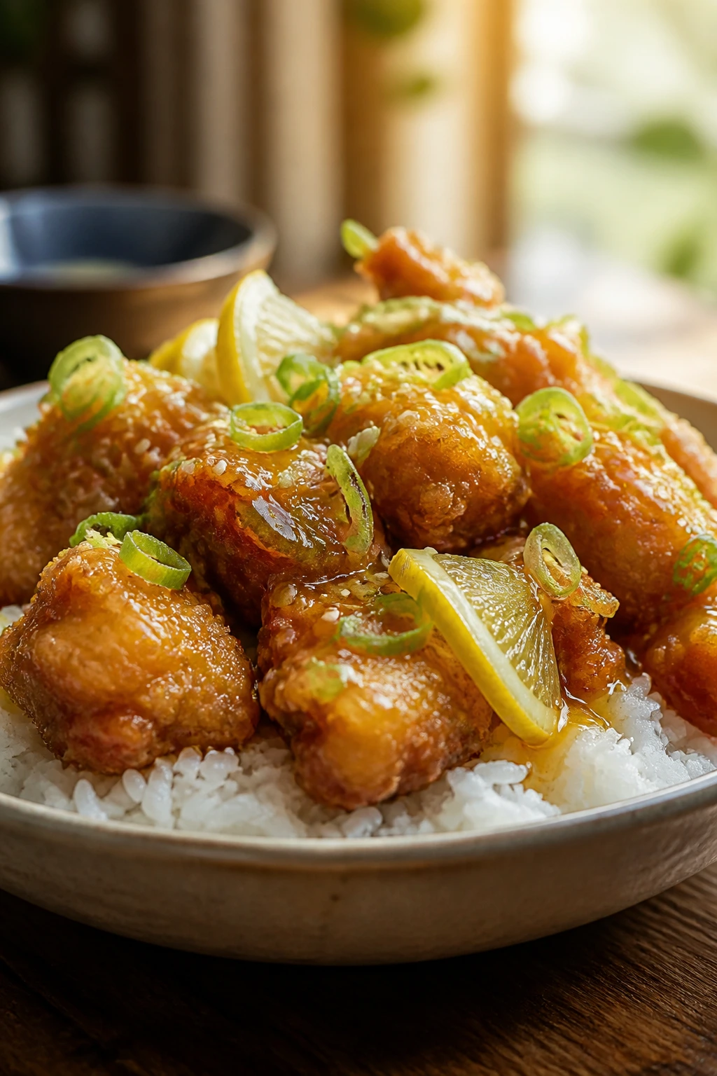 Plated serving of Chinese lemon chicken with crisp coating