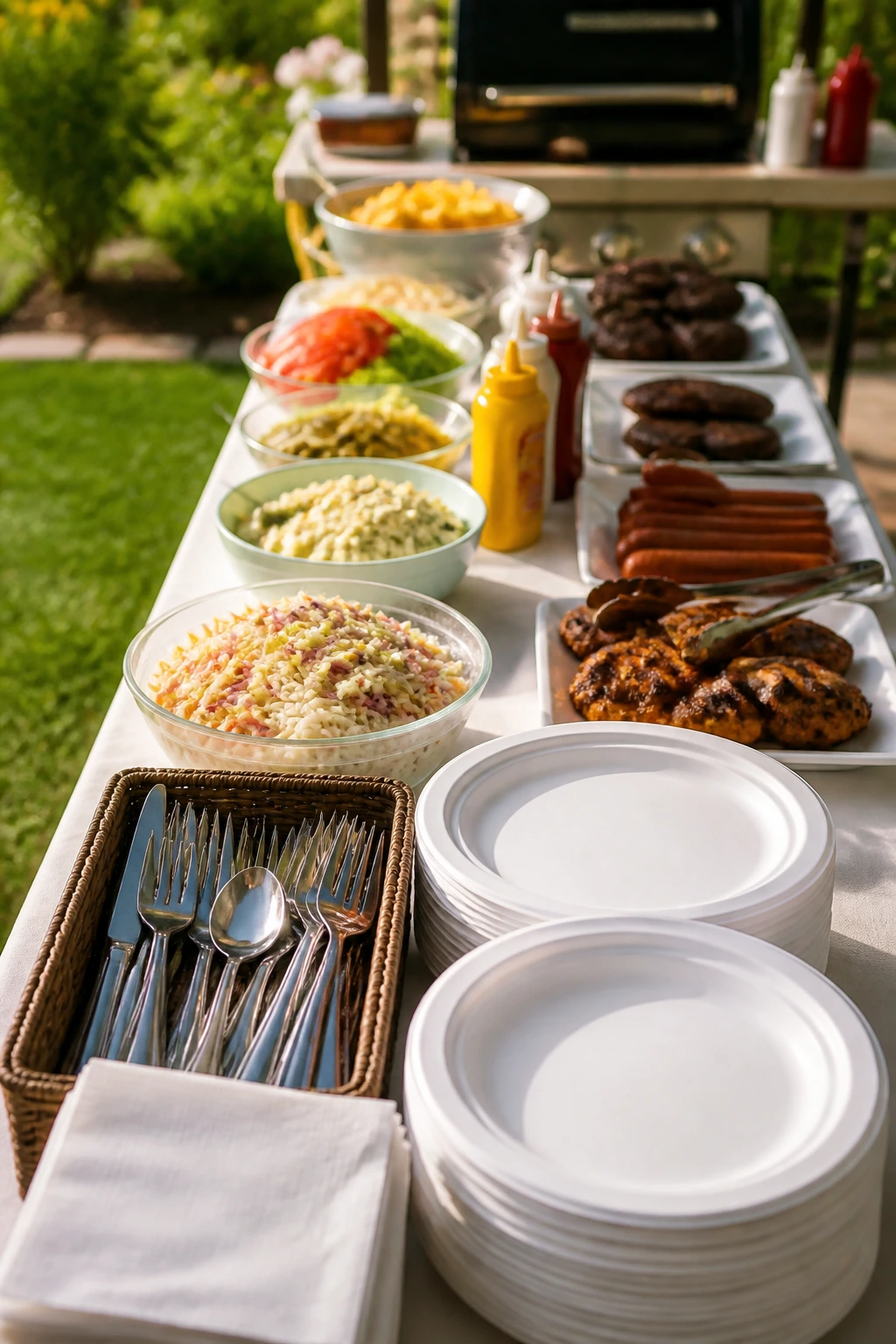 Neatly arranged serving line for backyard cookout with plates, utensils, and platters