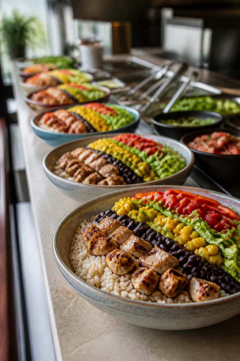 Row of burrito bowls on a serving line in a cafe kitchen