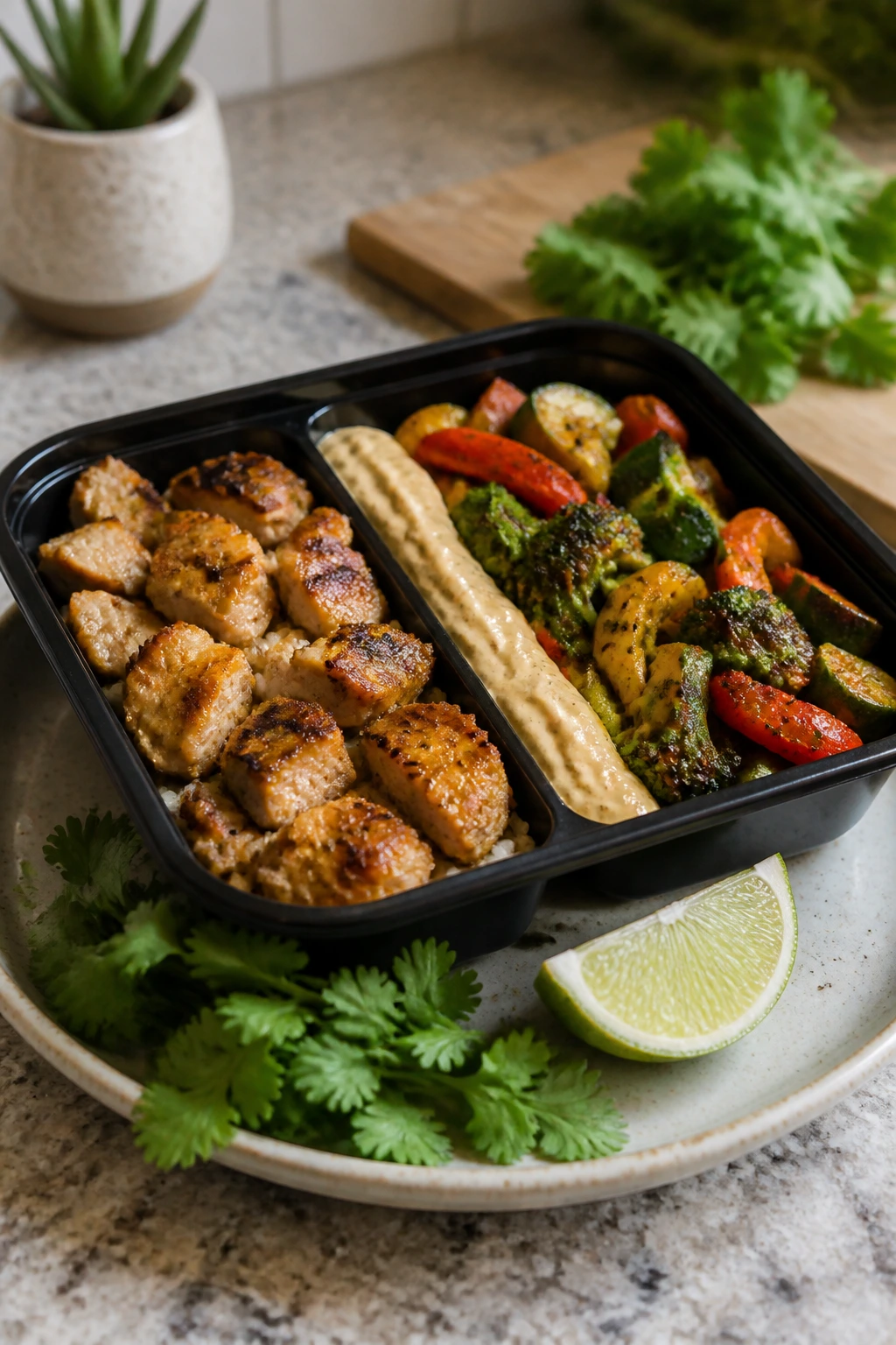 Opened meal box with sauce stripe, lime, and herbs for serving
