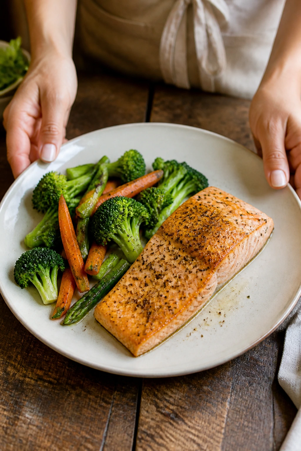 Plate with salmon fillet and vegetables on a wooden table