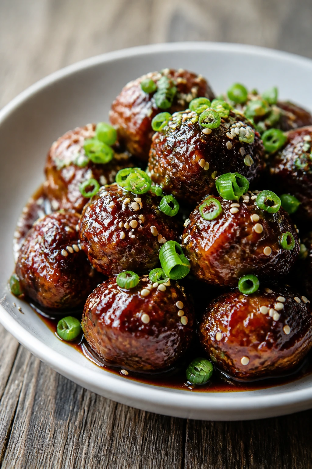 Glossy meatballs plated with glaze and sesame seeds
